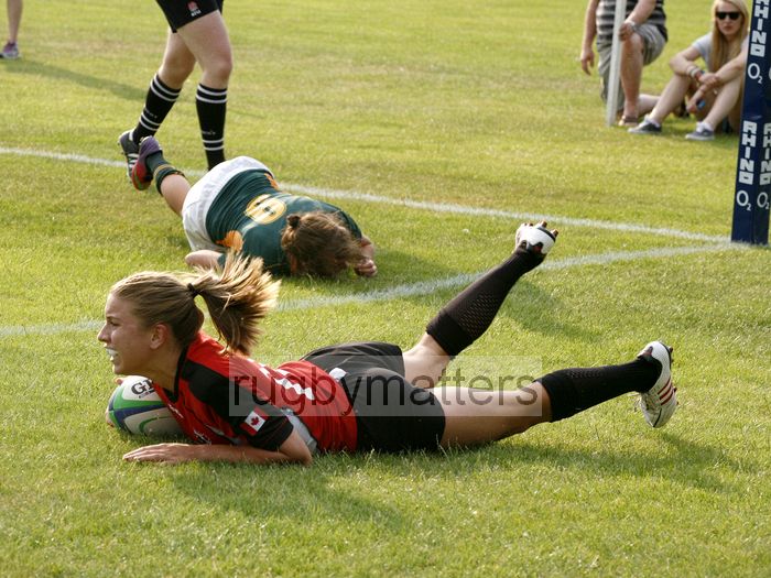 Frederique Rajotte gets over the line to score a try. Canada v South Africa in the U20's Nations Cup, Trent College, Derby Road, Long Eaton, Nottingham, 17th July 2013, kick off 1700.
