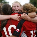Emily Belchos celebrates with team mates. Canada v USA in the U20's Nations Cup Final, Trent College, Derby Road, Long Eaton, Nottingham, 21st July 2013, kick off 1700.
