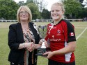 Tracy Edmundson presents the U20 Nations Cup Trophy to Canada's Captain Sara Kaljuvee. Canada v USA in the U20's Nations Cup Final, Trent College, Derby Road, Long Eaton, Nottingham, 21st July 2013, kick off 1700.
