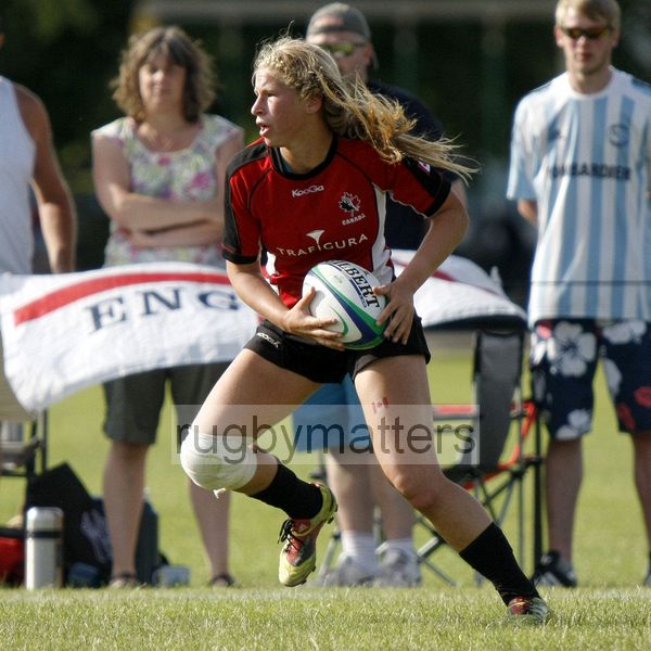Emily Belchos in action. England v Canada in the U20's Nations Cup, Trent College, Derby Road, Long Eaton, Nottingham, 14th July 2013, kick off 1700.