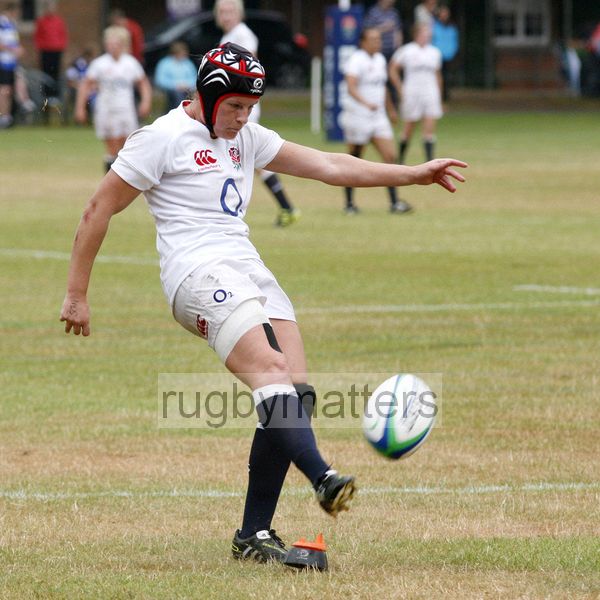 Bianca Blackburn takes a conversion kick. England v South Africa in the U20's Nations Cup 3rd/4th place, Trent College, Derby Road, Long Eaton, Nottingham, 21st July 2013, kick off 1400.