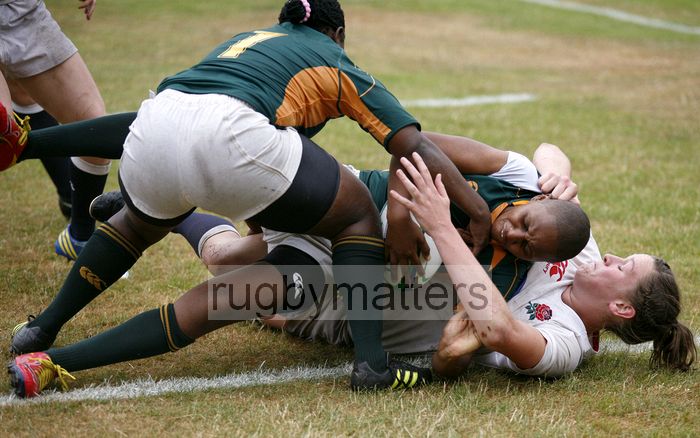 Vuyolwethu Maqholo defends on her own goal line. England v South Africa in the U20's Nations Cup 3rd/4th place, Trent College, Derby Road, Long Eaton, Nottingham, 21st July 2013, kick off 1400.