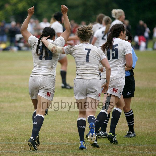 Rochelle Smith celebrates scoring a try. England v South Africa in the U20's Nations Cup 3rd/4th place, Trent College, Derby Road, Long Eaton, Nottingham, 21st July 2013, kick off 1400.