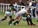 Vuyolwethu Maqholo gets pushed into touch by Lauren Chenoweth and Holly Molesworth. England v South Africa in the U20's Nations Cup 3rd/4th place, Trent College, Derby Road, Long Eaton, Nottingham, 21st July 2013, kick off 1400.