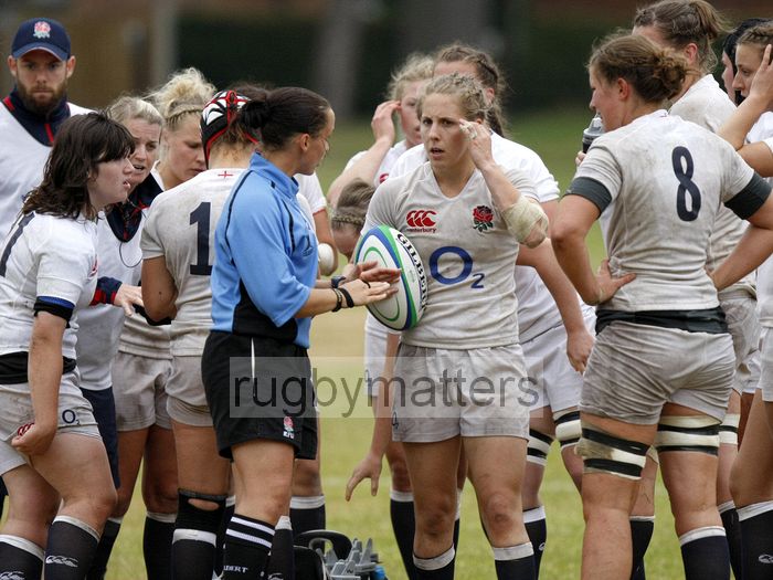 Referee Nikki O'Donnell talks to Kayleigh Callaway-Bawden. England v South Africa in the U20's Nations Cup 3rd/4th place, Trent College, Derby Road, Long Eaton, Nottingham, 21st July 2013, kick off 1400.