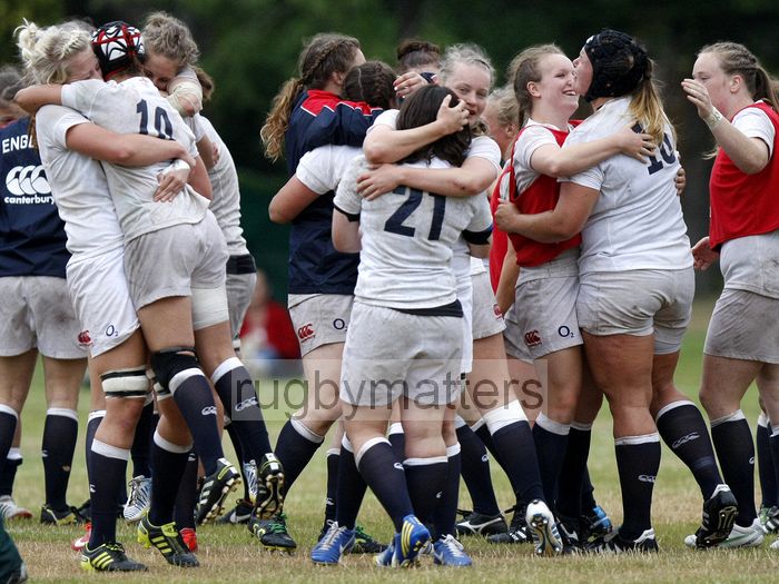 England celebrate after winning against South Africa 27-3. England v South Africa in the U20's Nations Cup 3rd/4th place, Trent College, Derby Road, Long Eaton, Nottingham, 21st July 2013, kick off 1400.