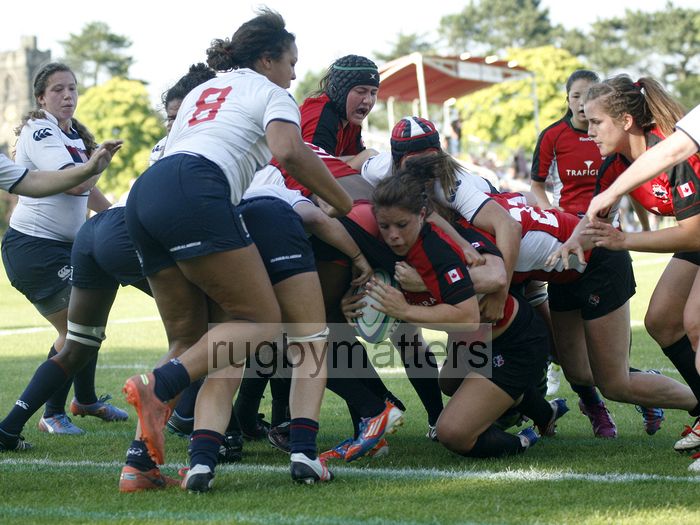 Emily Barber pushes for the line to score a try. USA v Canada in the U20's Nations Cup, Trent College, Derby Road, Long Eaton, Nottingham, 11th July 2013, kick off 1700.
