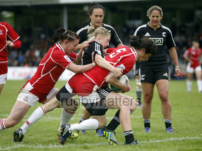 Baizat Khamidova pushes over the line to score a try for Russia. IRB Women's Sevens World Series at Amsterdam Sevens, National Rugby Centre, Amsterdam, 18th May 2013