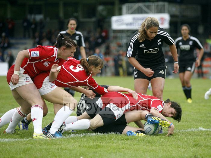 Baizat Khamidova pushes over the line to score a try for Russia. IRB Women's Sevens World Series at Amsterdam Sevens, National Rugby Centre, Amsterdam, 18th May 2013