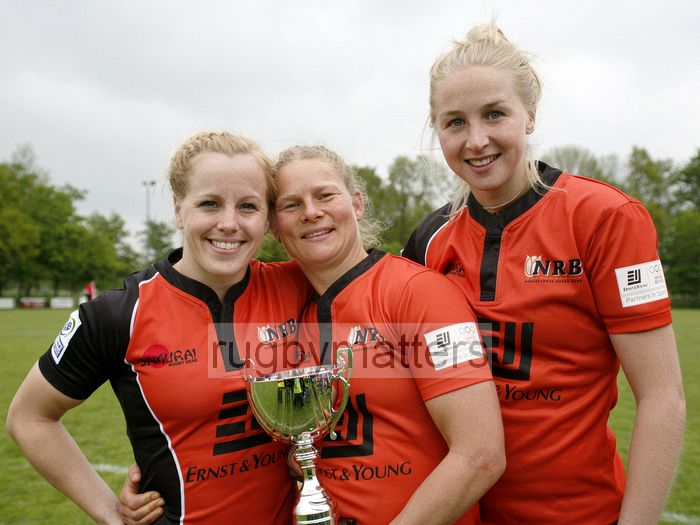 Annemarije van Rossum, Linda Franssen and Joyce van Altena of Netherlands with the Bowl Winners trophy. IRB Women's Sevens World Series at Amsterdam Sevens, National Rugby Centre, Amsterdam, 18th May 2013