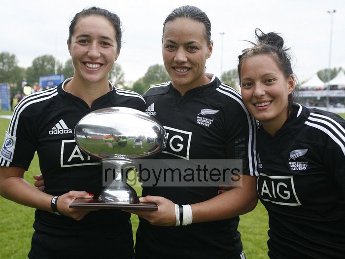 Sarah Goss, Honey Hireme and Tyla Nathan-Wong of New Zealand with the IRB WSWS Amsterdam trophy. IRB Women's Sevens World Series at Amsterdam Sevens, National Rugby Centre, Amsterdam, 18th May 2013