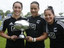 Sarah Goss, Honey Hireme and Tyla Nathan-Wong of New Zealand with the IRB WSWS Amsterdam trophy. IRB Women's Sevens World Series at Amsterdam Sevens, National Rugby Centre, Amsterdam, 18th May 2013
