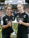 Huriana Manuel and Kelly Brazier of New Zealand with the IRB WSWS Trophy. IRB Women's Sevens World Series at Amsterdam Sevens, National Rugby Centre, Amsterdam, 18th May 2013