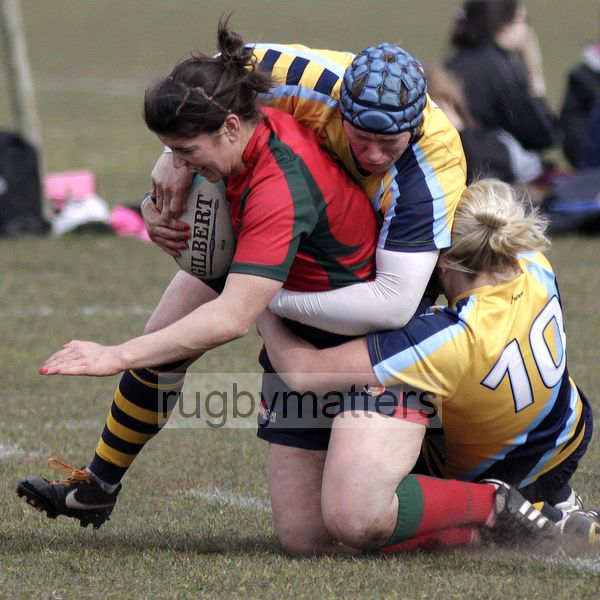 Sarah Hunter wrestled down by Rocky Clark and Ceri Large. Worcester v Lichfield at Sixways, Pershore Lane, Hindlip, Worcester on 7th April 2013 KO 1430.
