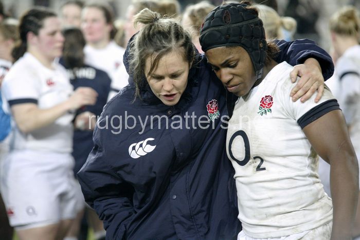 Marlie Packer consoles Maggie Alphonsi on the loss. France Women v England Women in the Six Nations 2014 at Stade des Alpes, Grenoble, France on Saturday 1st February 2014, kick off 2055