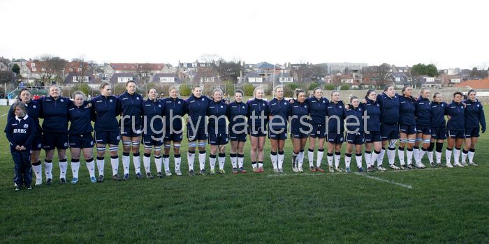 Scotland line up for the Anthems. Scotland Women v England Women in the Six Nations 2014 at Rubislaw, Aberdeen, Scotland on Sunday 9th February 2014, kick off 1400
