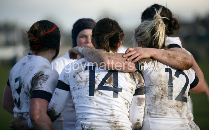 England players celebrate Lydia Thompson's try. Scotland Women v England Women in the Six Nations 2014 at Rubislaw, Aberdeen, Scotland on Sunday 9th February 2014, kick off 1400