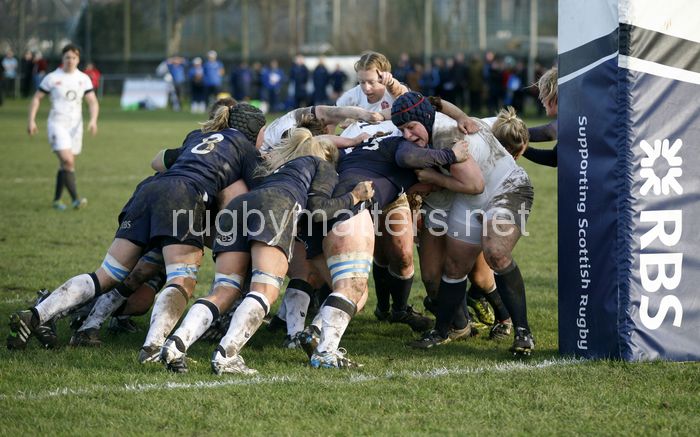 The England pack push for the try line. Scotland Women v England Women in the Six Nations 2014 at Rubislaw, Aberdeen, Scotland on Sunday 9th February 2014, kick off 1400