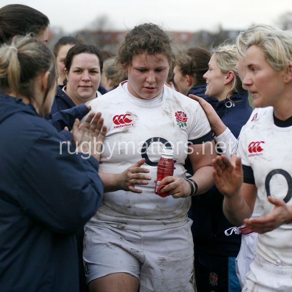 Sasha Acheson at the end of the game. Scotland Women v England Women in the Six Nations 2014 at Rubislaw, Aberdeen, Scotland on Sunday 9th February 2014, kick off 1400