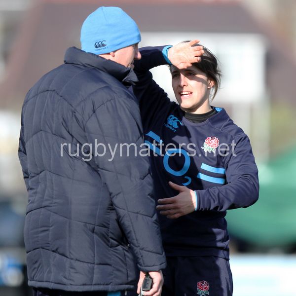 Katy McLean talks with Graham Smith during the warm up.Scotland Women v England Women in the Six Nations 2014 at Rubislaw, Aberdeen, Scotland on Sunday 9th February 2014, kick off 1400