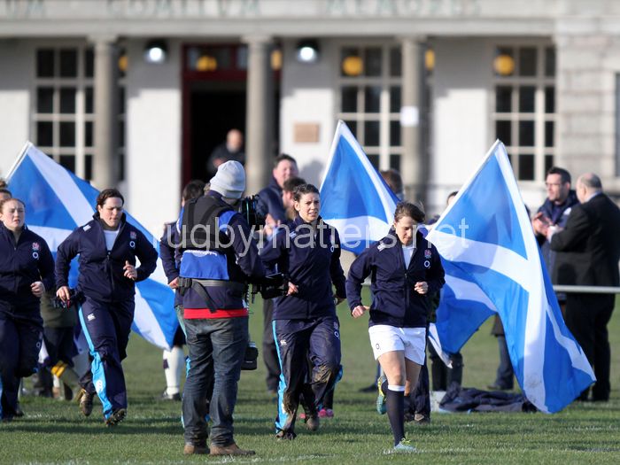 Captain Katy McLean leads England onto the pitch. Scotland Women v England Women in the Six Nations 2014 at Rubislaw, Aberdeen, Scotland on Sunday 9th February 2014, kick off 1400
