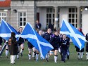 Captain Tracey Balmer leads Scotland onto the pitch. Scotland Women v England Women in the Six Nations 2014 at Rubislaw, Aberdeen, Scotland on Sunday 9th February 2014, kick off 1400