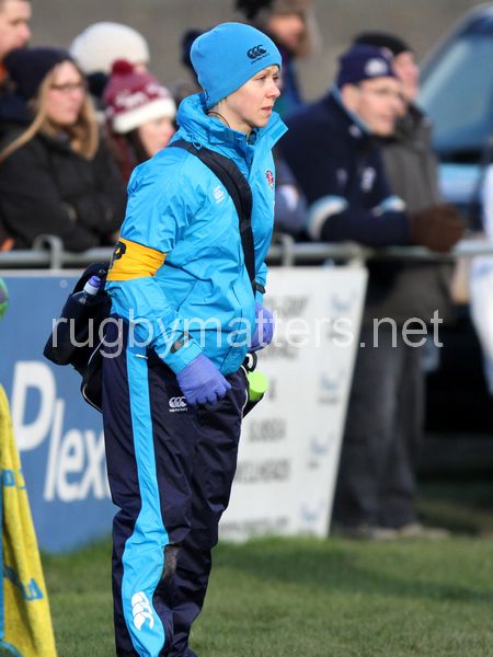 Physio Louise Prottey watches the action. Scotland Women v England Women in the Six Nations 2014 at Rubislaw, Aberdeen, Scotland on Sunday 9th February 2014, kick off 1400