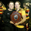 Captain Lynne Cantwell and Vice Captain Emma Croker with the Premier Trophy. Bristol v Richmond at Newbury RFC, Monks Lane, Newbury, Berkshire, England on Wednesday 22nd January 2014, kick off 2000