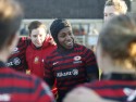 Captain Maggie Alphonsi congratulates the team on winning with a bonus point which keeps them in the title race. Bristol v Saracens at Doric Park, Trowbridge RFC, Wiltshire, England on Sunday 19th January 2014, kick off 1400