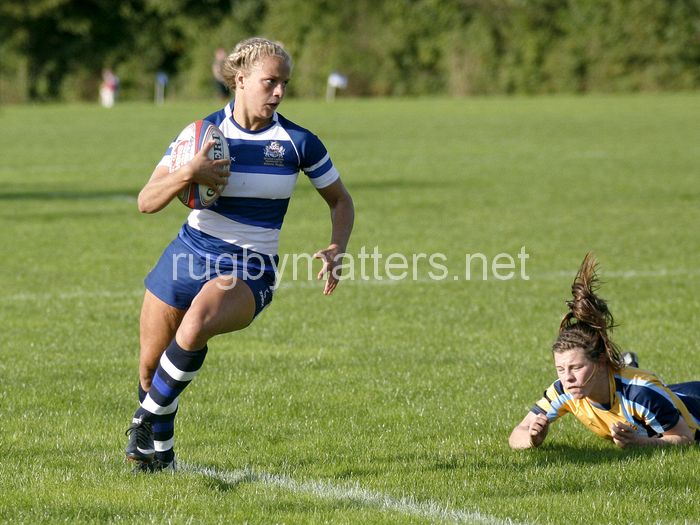Kay Wilson makes a break and goes on to score a try. Bristol v Worcester at Portway Rugby Development Centre, Bristol on 6th October 2013, ko 14.30