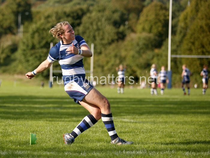 Amber Reed takes a conversion kick. Bristol v Worcester at Portway Rugby Development Centre, Bristol on 6th October 2013, ko 14.30