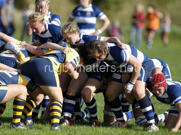 The Bristol front row, Sophie Hemming, Charlie Notman and Sasha Acheson, get ready for a scrum. Bristol v Worcester at Portway Rugby Development Centre, Bristol on 6th October 2013, ko 14.30