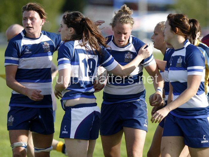 Team mates congratulate Amber Reed on scoring a try. Bristol v Worcester at Portway Rugby Development Centre, Bristol on 6th October 2013, ko 14.30