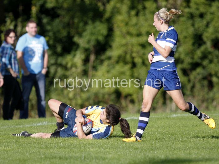 Sophie Watkins grounds the ball to score a try. Bristol v Worcester at Portway Rugby Development Centre, Bristol on 6th October 2013, ko 14.30