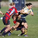 Lisa Campbell is tackled by Fiona Davidson. Worcester v DMP Sharks at Westons Land Pitches, Sixways, Pershore Lane, Worcester on 27th October 2013 ko 1400