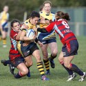 Lisa Campbell is tackled. Worcester v DMP Sharks at Westons Land Pitches, Sixways, Pershore Lane, Worcester on 27th October 2013 ko 1400